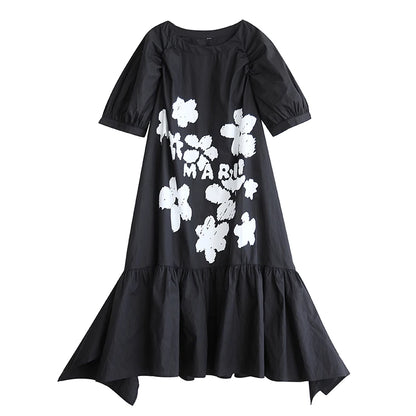 XITAO Patchwork Print Flower Ruffles Dress Casual Half Sleeve O-neck Leisure Sweet Simple Loose Fitting New Summer Dress ZY8940