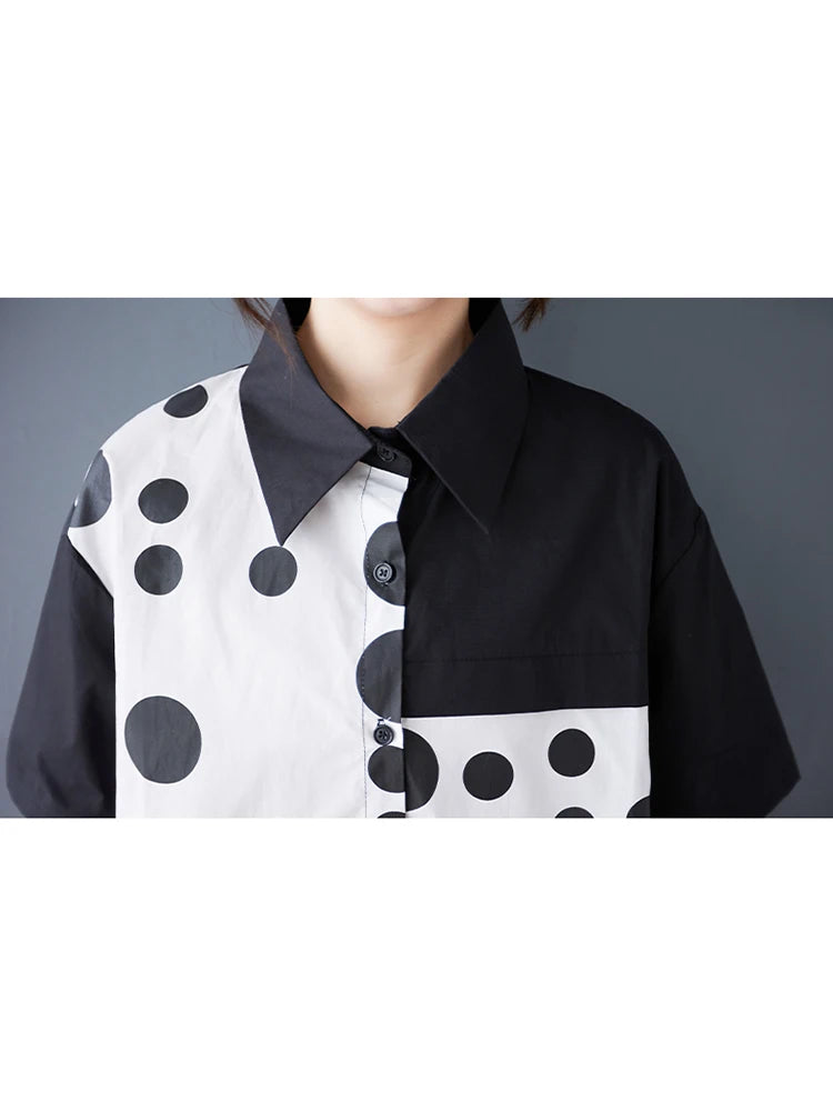XITAO Patchwork Polka Dot Asymmetric Lapel Shirt Casual Turn-down Collar Short Sleeve Single Breasted Summer Blouse HQQ2453