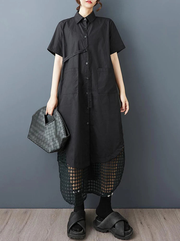 XITAO Loose Patchwork Mesh Dress Casual Slimming Single Breasted Women Summer Short Sleeve Turn-down Collar Dress ZMY1209
