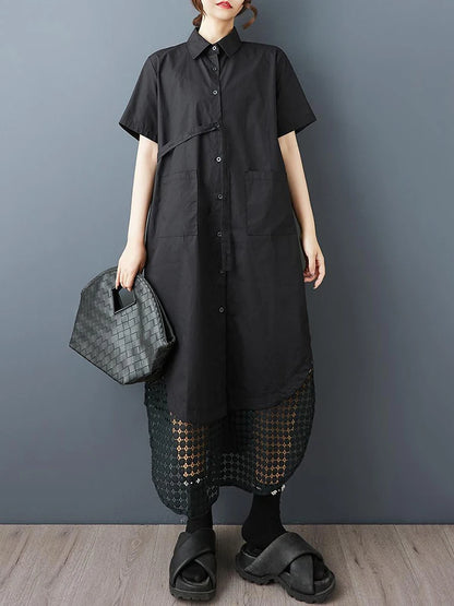 XITAO Loose Patchwork Mesh Dress Casual Slimming Single Breasted Women Summer Short Sleeve Turn-down Collar Dress ZMY1209