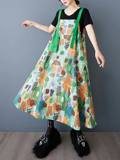 XITAO Print Pocket Sleeveless Dress Straps A-line Contrast Color Casual Loose Fitting All Match New Summer Women Dress HQQ2473