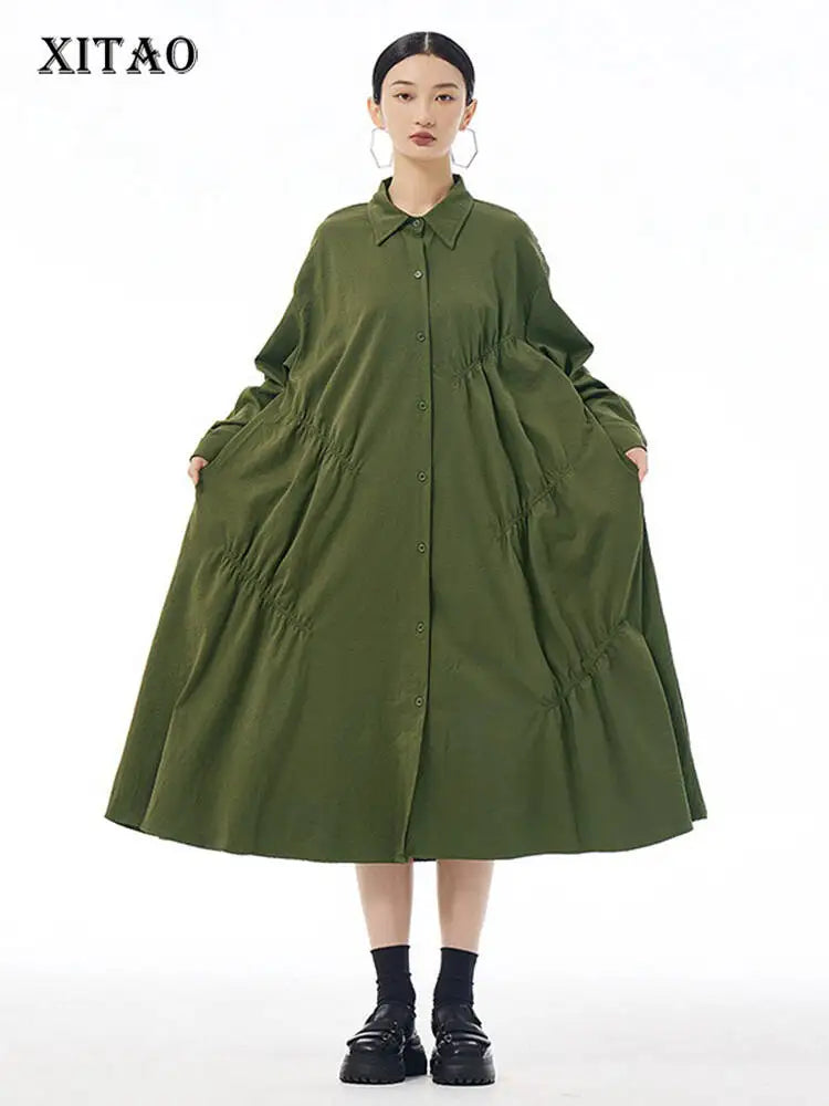 XITAO Fold Patchwork Solid Color Women Dress Turn-down Collar Pocket Loose Slimming A-line Mid-calf Shirt Dress XITAO HQQ2448