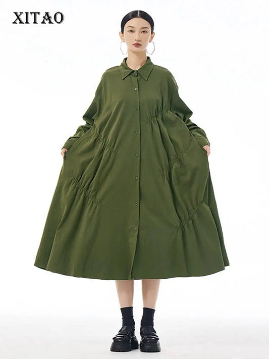 XITAO Fold Patchwork Solid Color Women Dress Turn-down Collar Pocket Loose Slimming A-line Mid-calf Shirt Dress XITAO HQQ2448