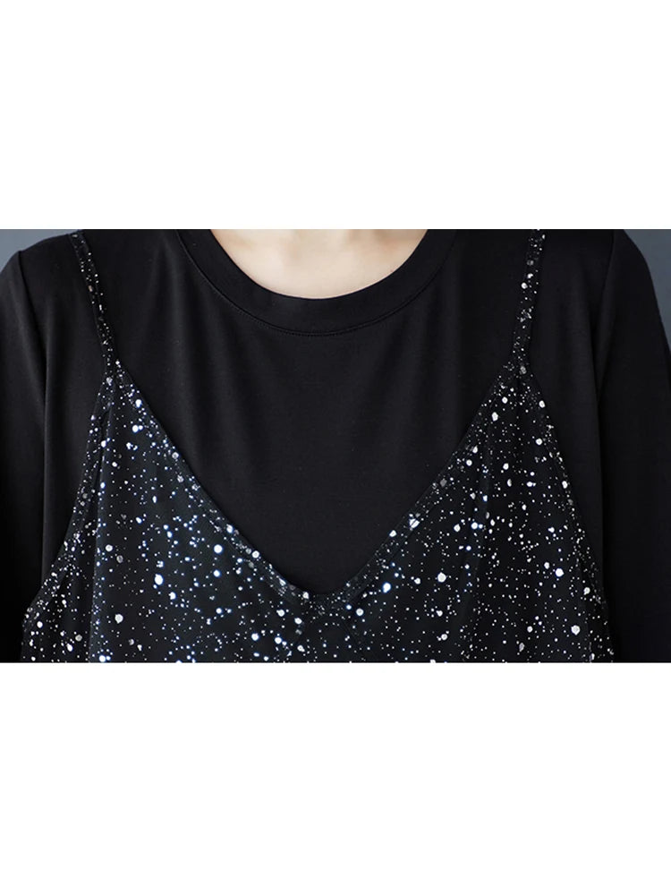 XITAO Mesh Sequin Short Sleeve Dress Casual Loose Fitting Two-piece New Arrival Solid Color A-line Summer Women Dress ZMY1194