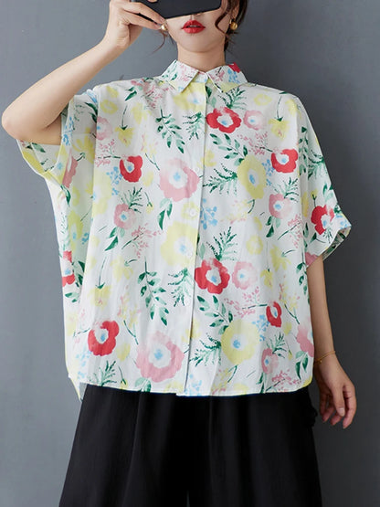 XITAO Pint Flower Single Breasted Lapel Shirt Casual Loose Fitting Batwing Sleeve Turn-down Collar Summer Women Blouse GYX1557