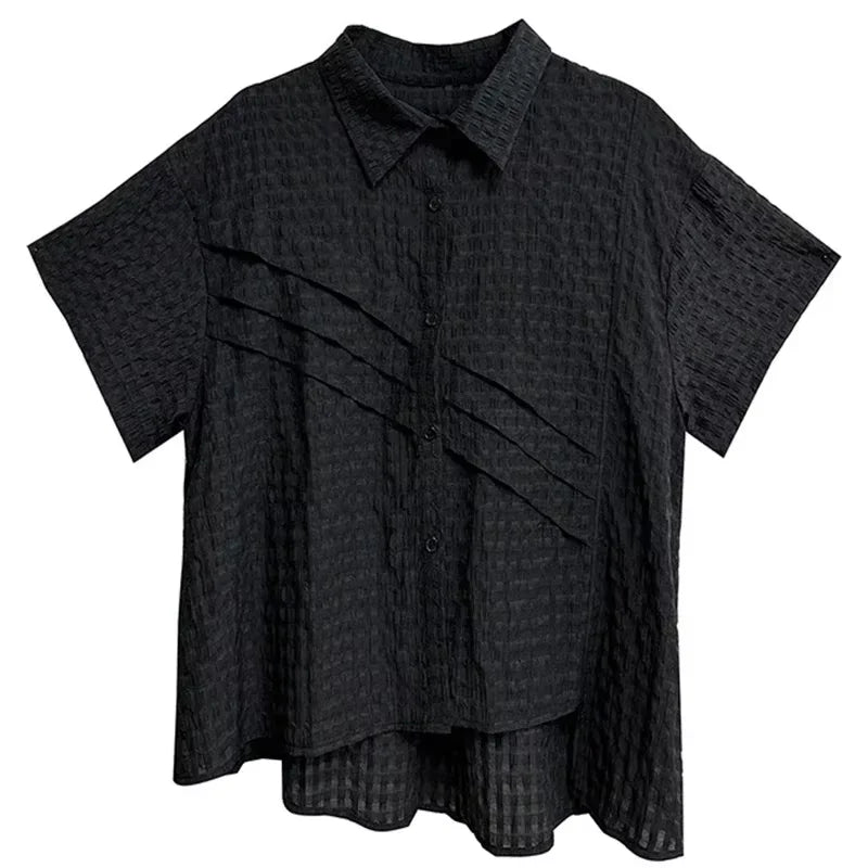 XITAO Asymmetric Patchwork Shirt Casual Short Sleeve Turn-down Collar Solid Color Loose Fitting Summer Female Blouse ZMY1052