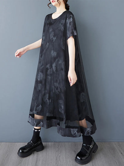 XITAO O-neck Mesh Patchwork Print Dress Loose Slimming Temperament Elegant Women Summer Short Sleeve Casual Dress HQQ2485