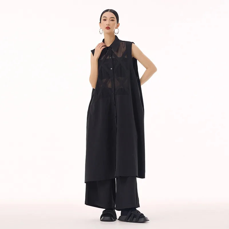 XITAO Vintage Patchwork Loose Dress Personality Sleeveless Single Breasted Women Casual Fashion Simple Shirt Dress GMM1303