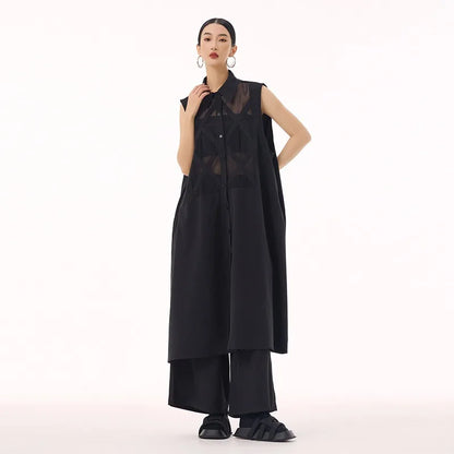 XITAO Vintage Patchwork Loose Dress Personality Sleeveless Single Breasted Women Casual Fashion Simple Shirt Dress GMM1303