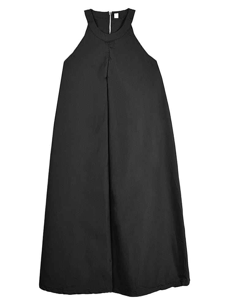 XITAO Pleated Drawstring O-neck Dress Sleeveless A-line Simple Solid Color Personality Pullover Summer Women Dress ZMY1161