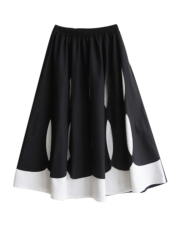 XITAO Patchwork Elastic Waist Female Skirt Casual A-line Loose Hollow Out Fitting Korea Mid-calf Spring Women Skirt GYX1550