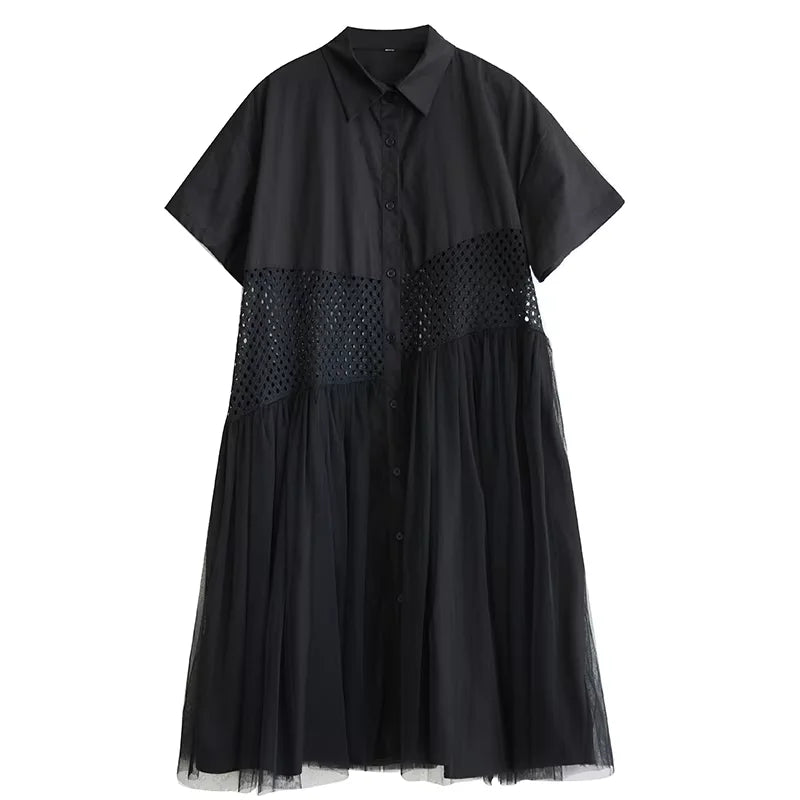 XITAO Contrast Color Hollow Out Patchwork Gauze Dress Turn-down Collar Short Sleeve Single Breasted Loose Casual Dress GYX1617
