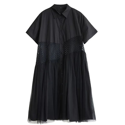 XITAO Contrast Color Hollow Out Patchwork Gauze Dress Turn-down Collar Short Sleeve Single Breasted Loose Casual Dress GYX1617