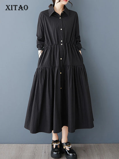 XITAO Single Breasted Pocket Dress Solid Color Turn-down Collar Patchwork Long Sleeve Loose Slimming Temperament Dress GYX1511