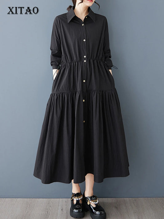 XITAO Single Breasted Pocket Dress Solid Color Turn-down Collar Patchwork Long Sleeve Loose Slimming Temperament Dress GYX1511