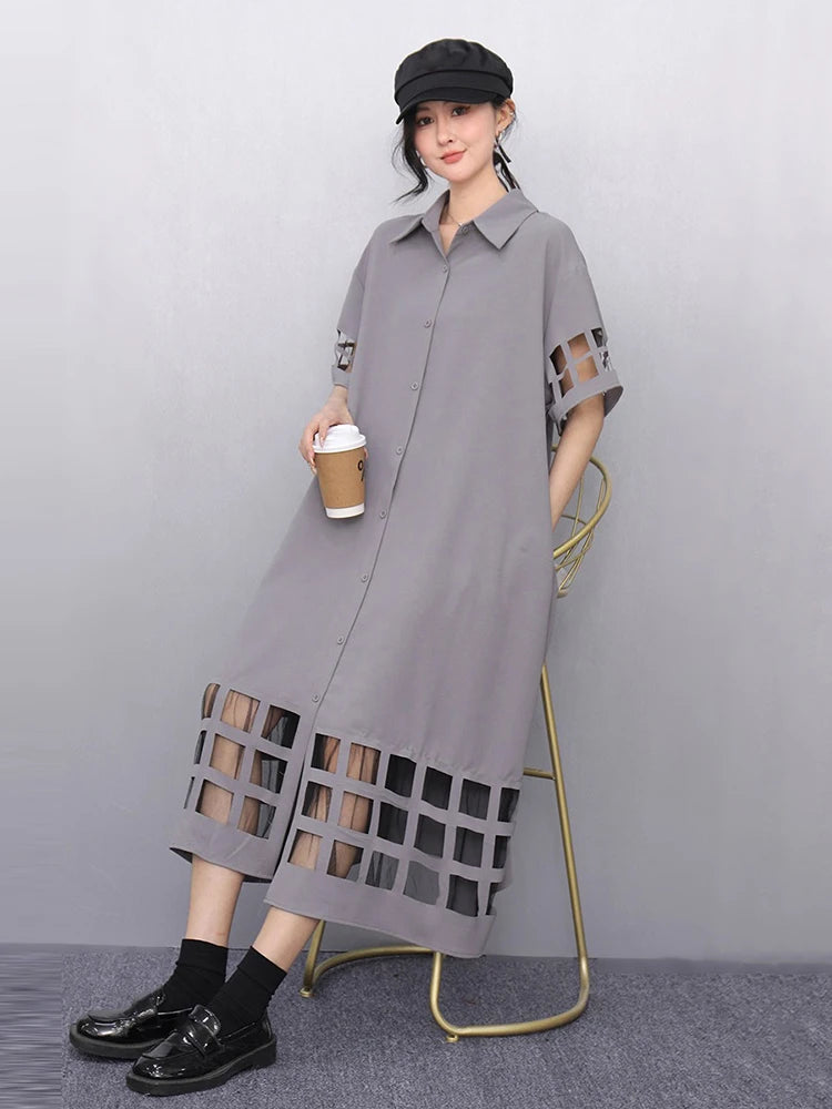 XITAO Hollow Out Patchwork Gauze Short Sleeve Dress Solid Color Turn-down Collar Loose Casual Mid-calf Slimming Dress GYX1621