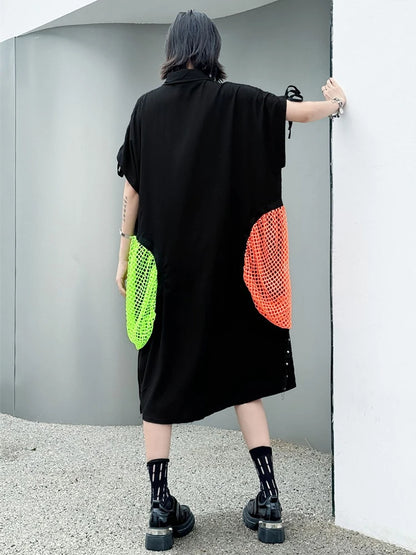 XITAO Contrast Color Pocket Rivet Patchwork Women Dress Shirring Short Sleeve Turn-down Collar Temperament Shirt Dress ZY8942