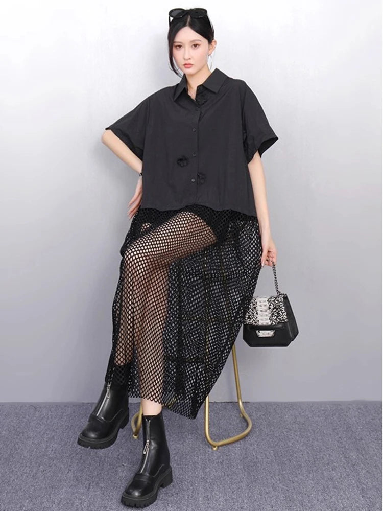 XITAO Flower Patchwork Irregular Shirt Dress Casual Solid Color Short Sleeve Women Summer Hollow Out Loose Dress HQQ2513
