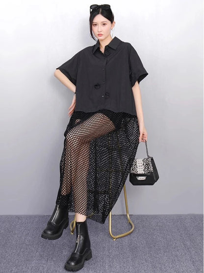 XITAO Flower Patchwork Irregular Shirt Dress Casual Solid Color Short Sleeve Women Summer Hollow Out Loose Dress HQQ2513