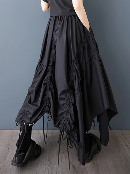XITAO Shirring Bandage Asymmetrical Pocket Skirt Solid Color Patchwork Elastic Waist A-line Mid-calf Casual Slim Skirt HQQ2462