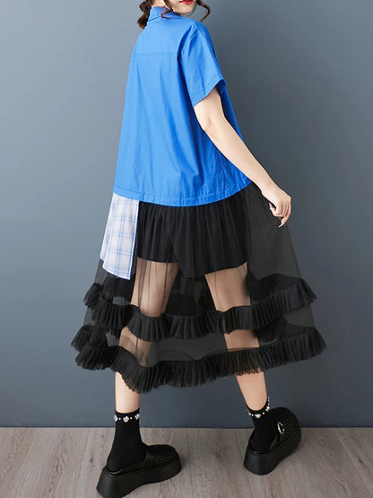 XITAO Asymmetrical Gauze Patchwork Dress Fashion Short Sleeve Turn-down Collar Loose Casual All-match Summer Woman Dress ZMY1388