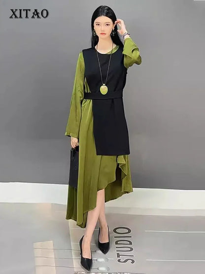 XITAO New Style Fashion Two Pieces Dress 2024 New Autumn Trendy Solid Color Long Sleeve Loose Irregular Women Dress LJ1080