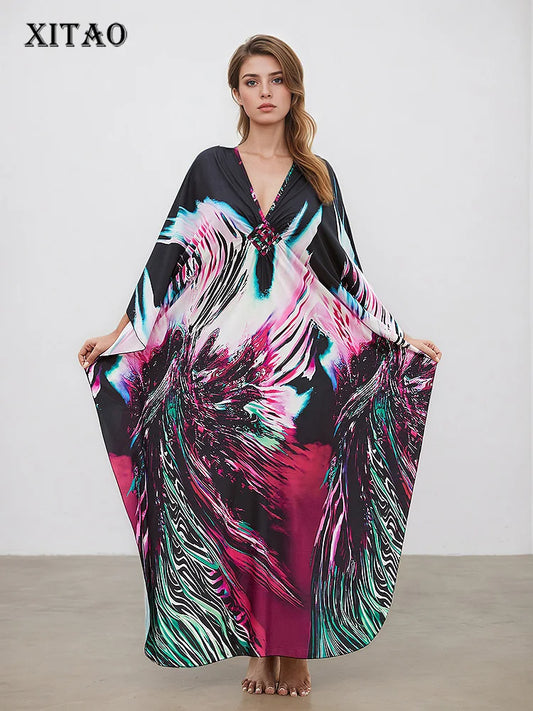 XITAO Print Pullover V-neck Dress Bat Wing Sleeve Vintage Temperament New Arrival Fashion Irregular Summer Woman Dress GJ1203