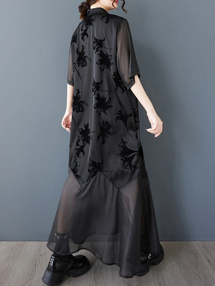 XITAO Gauze Loose Patchwork Female Dress Print Vintage Single Breasted All-match Half Sleeve Summer Woman Shirt Dress ZMY1242