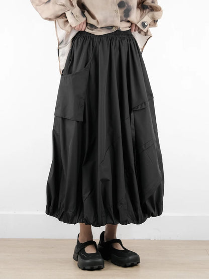 XITAO Pocket Patchwork Elastic Waist A-line Skirt Solid Color Folds Slimming All Match Loose Casual Summer Women Skirt ZMY1167