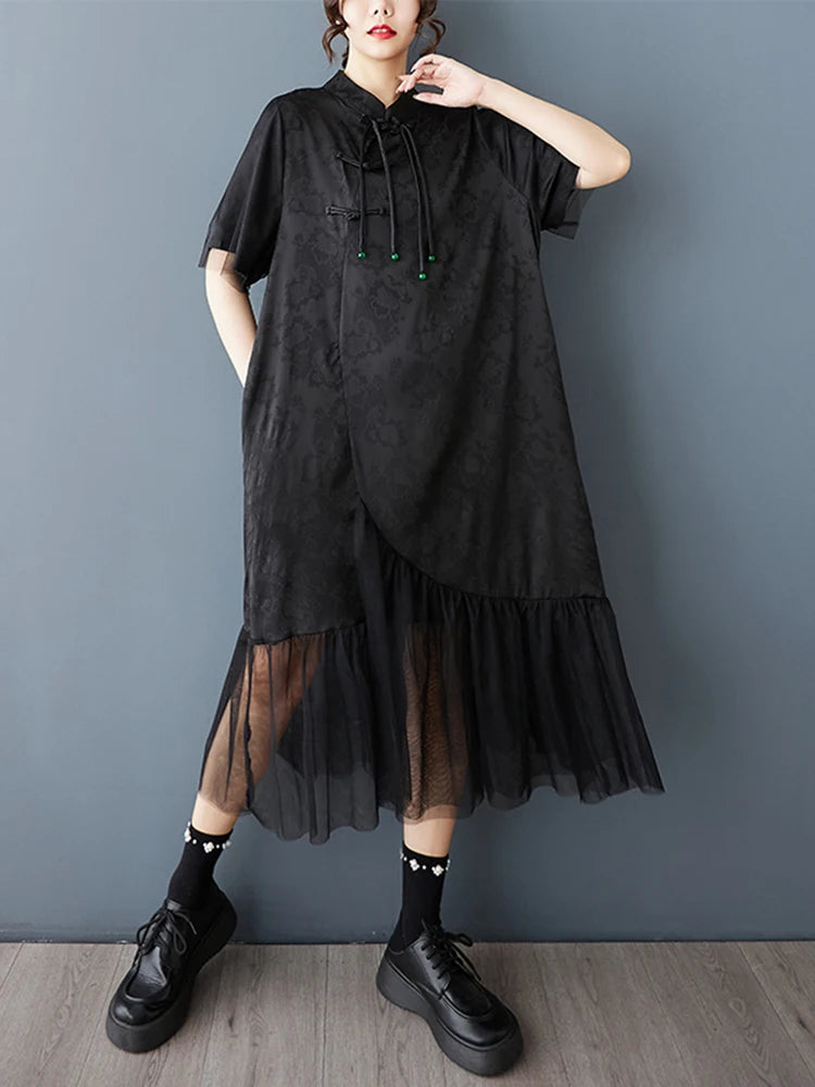 XITAO Loose Mesh Patchwork Female Dress Casual Vintage Tassel Women Summer Short Sleeve Irregular Goddess Fan Dress HQQ2480