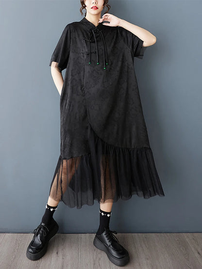 XITAO Loose Mesh Patchwork Female Dress Casual Vintage Tassel Women Summer Short Sleeve Irregular Goddess Fan Dress HQQ2480