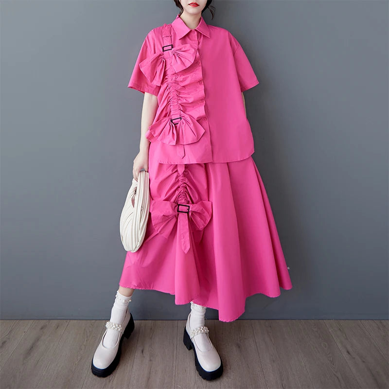 XITAO Floral Pleated Single Breasted Matching Set Casual Turn-down Collar A-line Half Sleeve New Korea Summer Female Set GYX1546