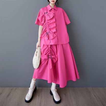 XITAO Floral Pleated Single Breasted Matching Set Casual Turn-down Collar A-line Half Sleeve New Korea Summer Female Set GYX1546