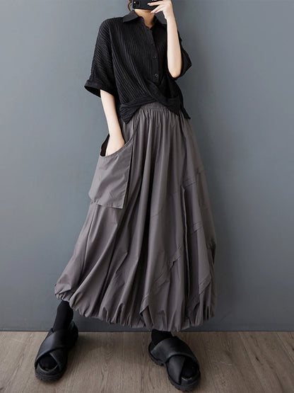 XITAO Bud Pocket Elastic Waist Skirt A-line Casual Loose Fit Solid Color Pleated Fashion Patchwork Summer Women Skirt HQQ2470