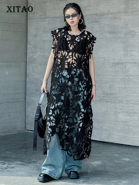 XITAO Hollow Out O-neck Sleeveless Dress Casual Solid Color French Style A-line Vintage Lace New Summer Female Dress GYX1553