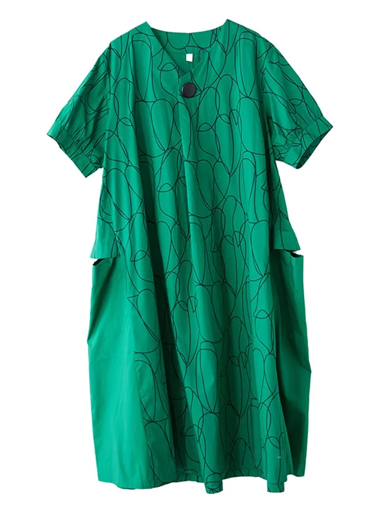 XITAO Loose Print Patchwork V-neck Green Dress Casual Fashion Temperament Pocket Women Simple Elegant Big Hem Dress GYX1581