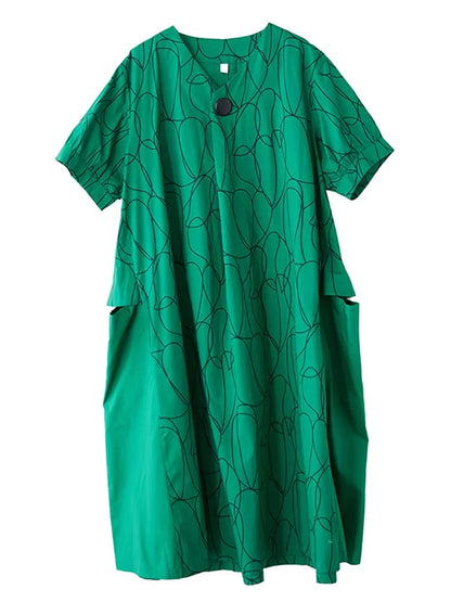 XITAO Loose Print Patchwork V-neck Green Dress Casual Fashion Temperament Pocket Women Simple Elegant Big Hem Dress GYX1581