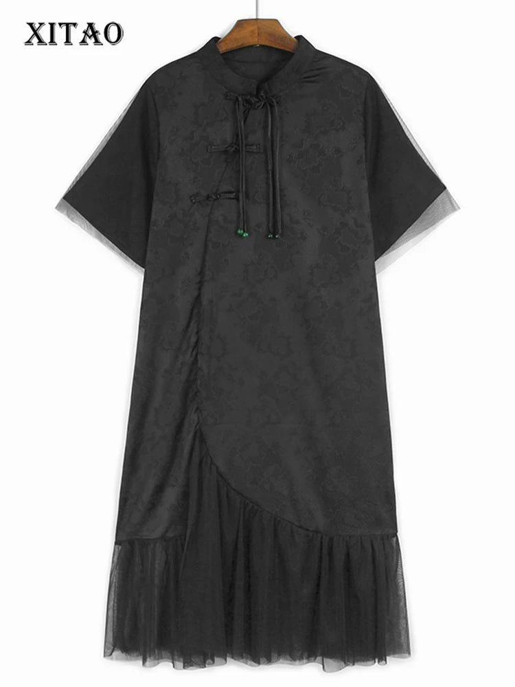 XITAO Mesh Patchwork Stand Collar Dress Casual New Chinese Style Asymmetrical A-line All Match Summer Women Dress ZMY1203
