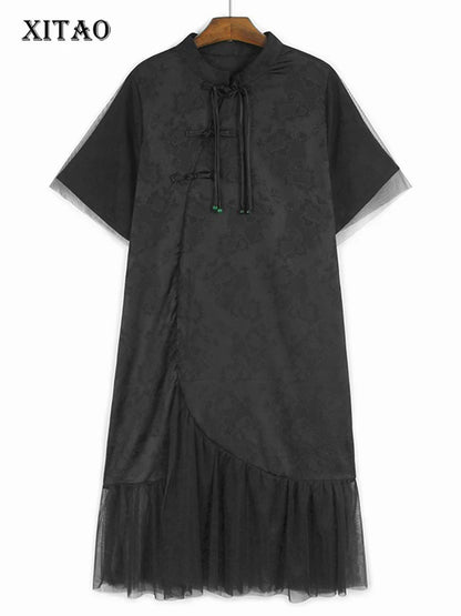 XITAO Mesh Patchwork Stand Collar Dress Casual New Chinese Style Asymmetrical A-line All Match Summer Women Dress ZMY1203