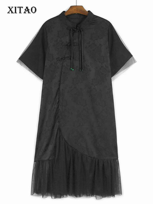 XITAO Mesh Patchwork Stand Collar Dress Casual New Chinese Style Asymmetrical A-line All Match Summer Women Dress ZMY1203