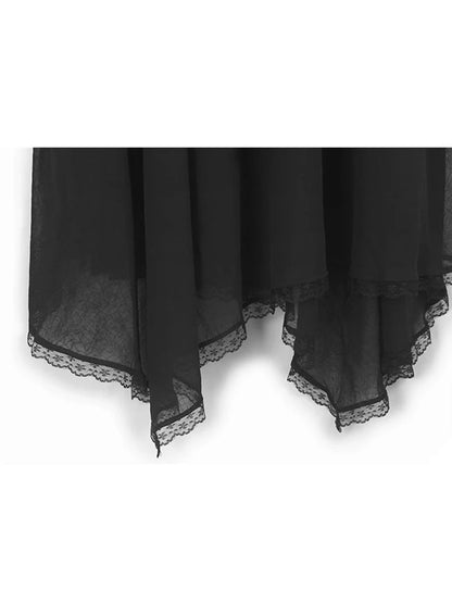 XITAO Irregular Embroidered Flares Dress Short Sleeve Lace Patchwork Women Summer Solid Color A-line Temperament Dress ZMY1341