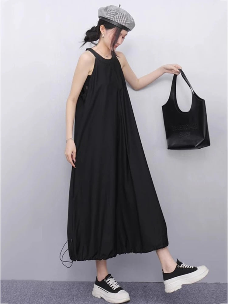XITAO Pleated Drawstring O-neck Dress Casual A-line Sleeveless Loose Fitting Slimming Solid Color Fashion Summer Dress ZMY1184