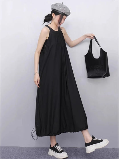 XITAO Pleated Drawstring O-neck Dress Casual A-line Sleeveless Loose Fitting Slimming Solid Color Fashion Summer Dress ZMY1184