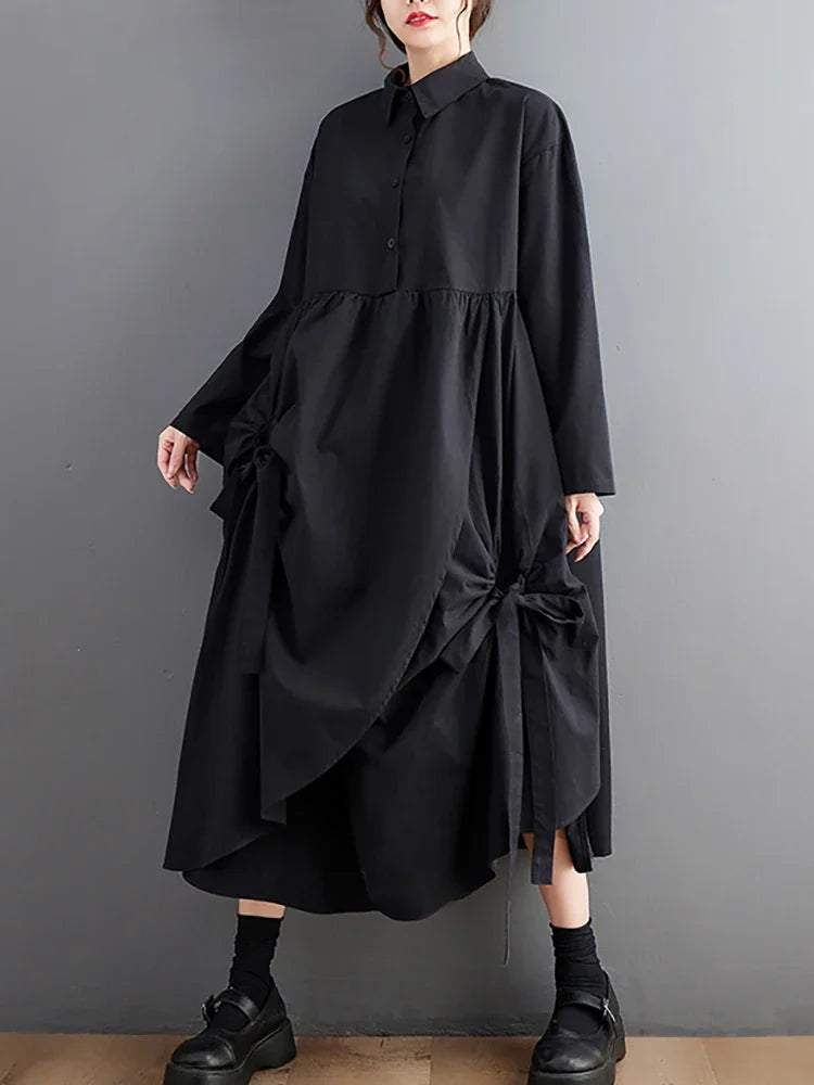 XITAO Shirring Bandage Asymmetrical Dress Loose Turn-down Collar Solid Color Long Sleeve 2024 Spring Show Thin Vintage DMJ2330