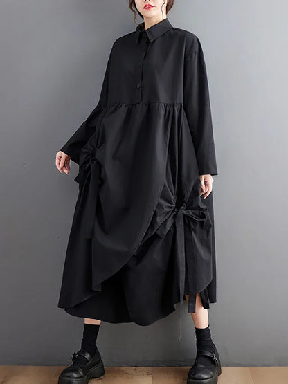 XITAO Shirring Bandage Asymmetrical Dress Loose Turn-down Collar Solid Color Long Sleeve 2024 Spring Show Thin Vintage DMJ2330