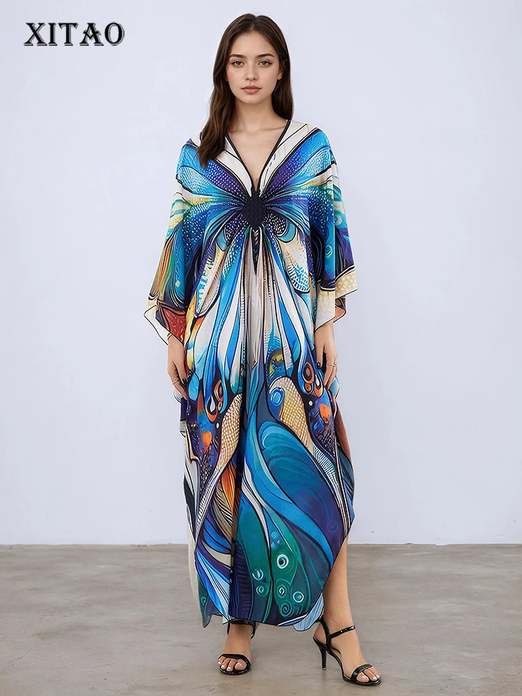XITAO Pullover Contrast Color Dress Bat Wing Sleeve V-neck Butterfly Print Fashion Loose Vintage Summer Woman Dress  GJ1164