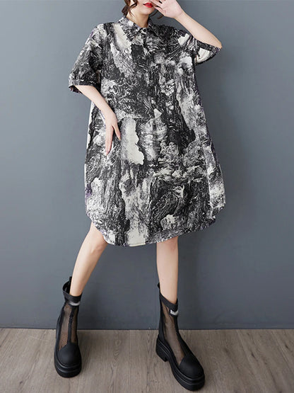 XITAO Loose Print Shirt Dress Vintage Simple Short Sleeve Slimming All-match Women Summer Korea Irregular Dress ZMY1150