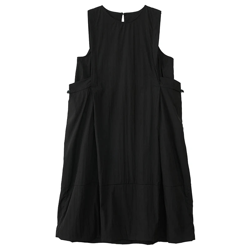 XITAO Drawstring Sleeveless O-neck Dress Casual A-line Loose Fitting Solid Color Simple New Arrival Summer Female Dress ZMY1199