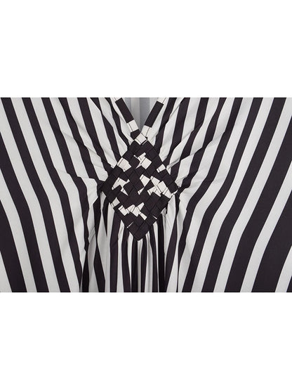 XITAO Stripe Print V-neck Dress Batwing Sleeve A-line Full Sleeve Personality Pullover Fashion Goddess Summer Women Dress GJ1151