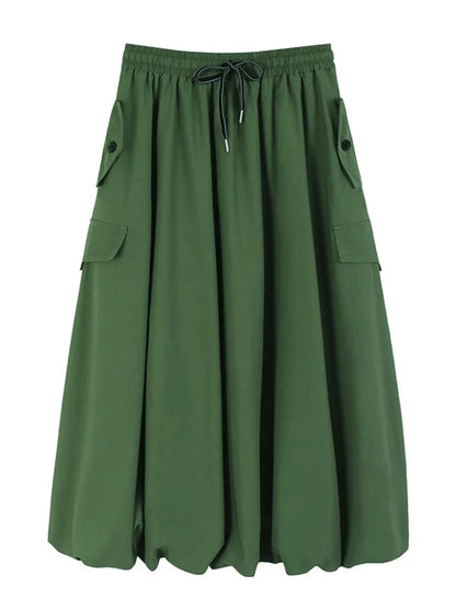 XITAO Pocket Pleated Drawstring Skirts Solid Color Button A-line Loose Casual Personality Slimming Summer Woman Skirts ZMY1301